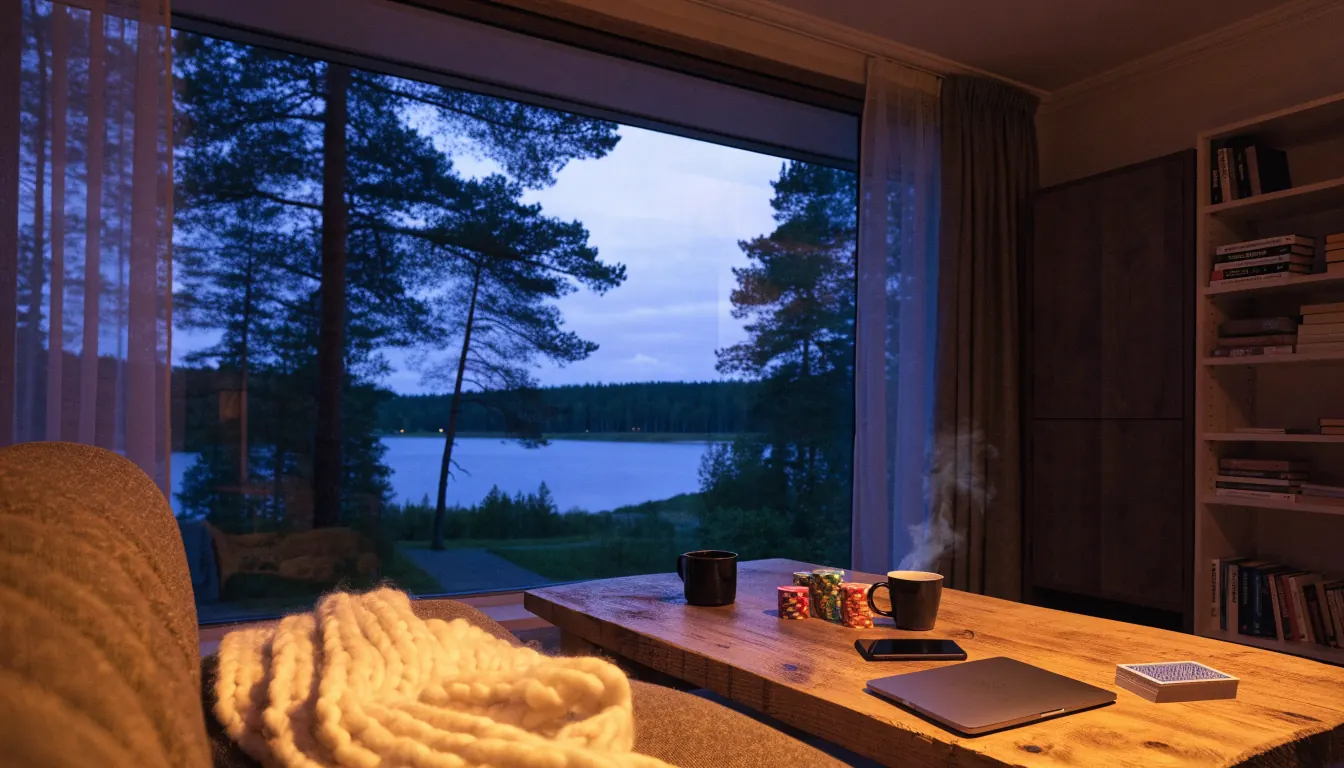 Suomalainen olohuone illalla, kahvikuppi ja pelinapit puisella pöydällä